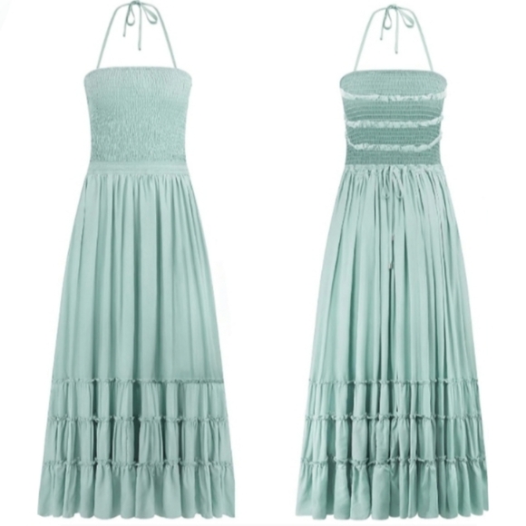 Light Mint Green Maxi Halter Dress Tiered Full Flowy Bohemian Beach Vacation New - Picture 10 of 16